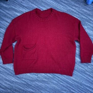 Red Wool Tight-Knit Pullover Sweater with Pocket Crew Neck Size L